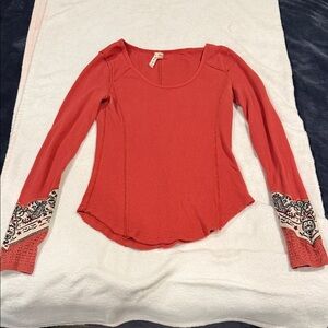 We The free Women's Coral Long Sleeve Top with Patterned Cuffs